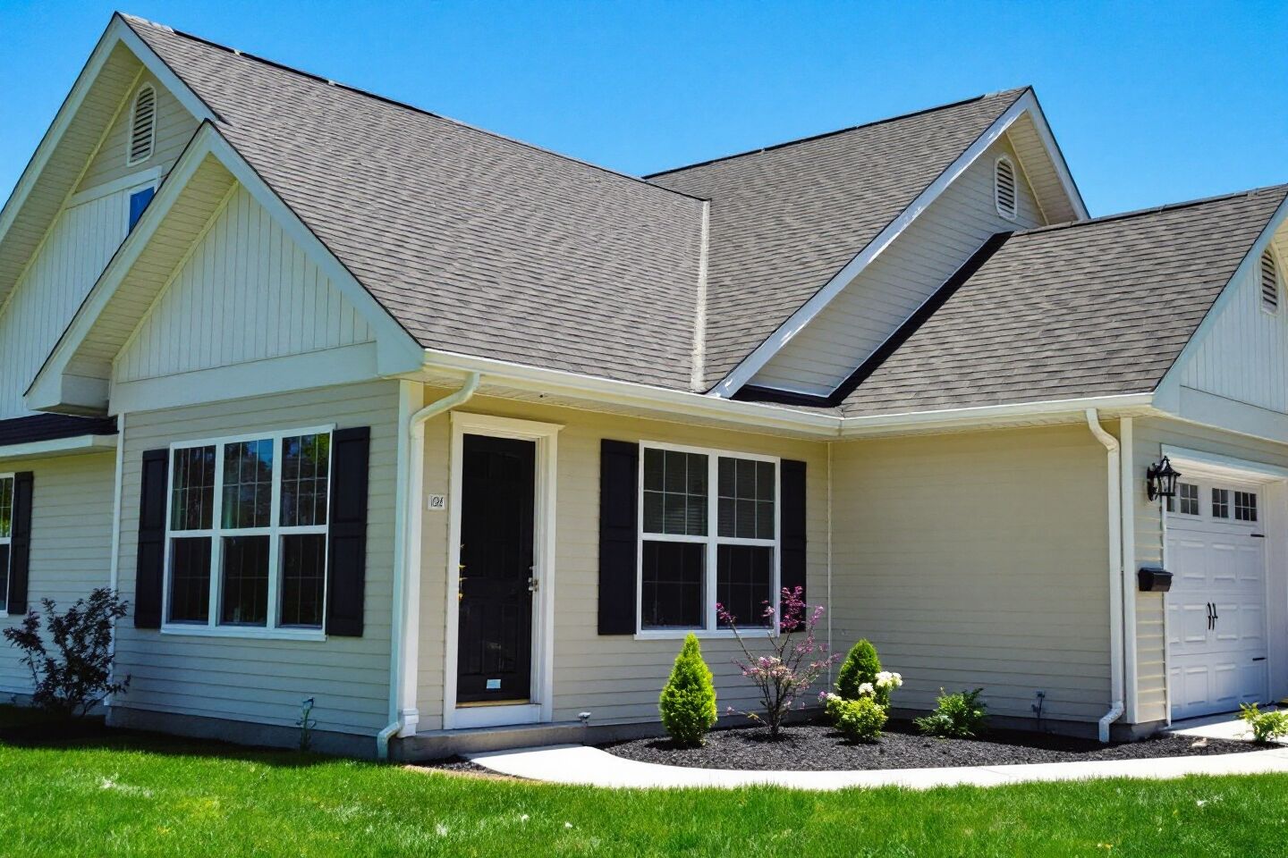 Shingle roof, gables and gutters above a light-sided home