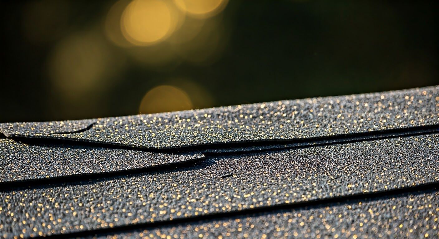 Close view of overlapping asphalt shingles and their textured surface