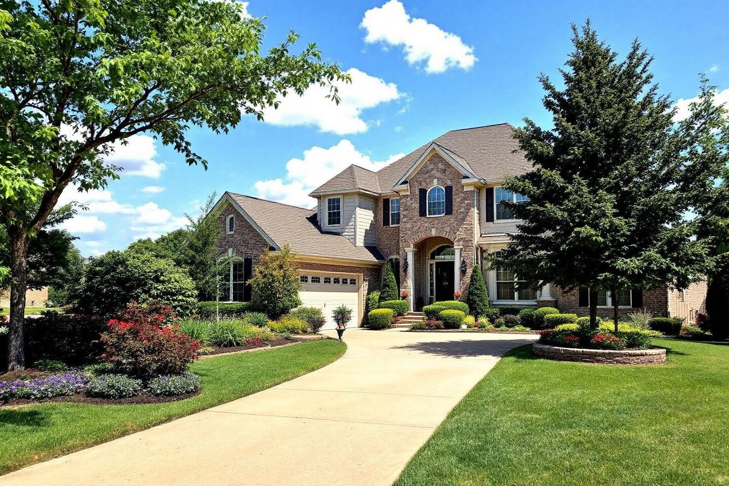 Brick and stone home with a pitched roof, driveway and established landscaping