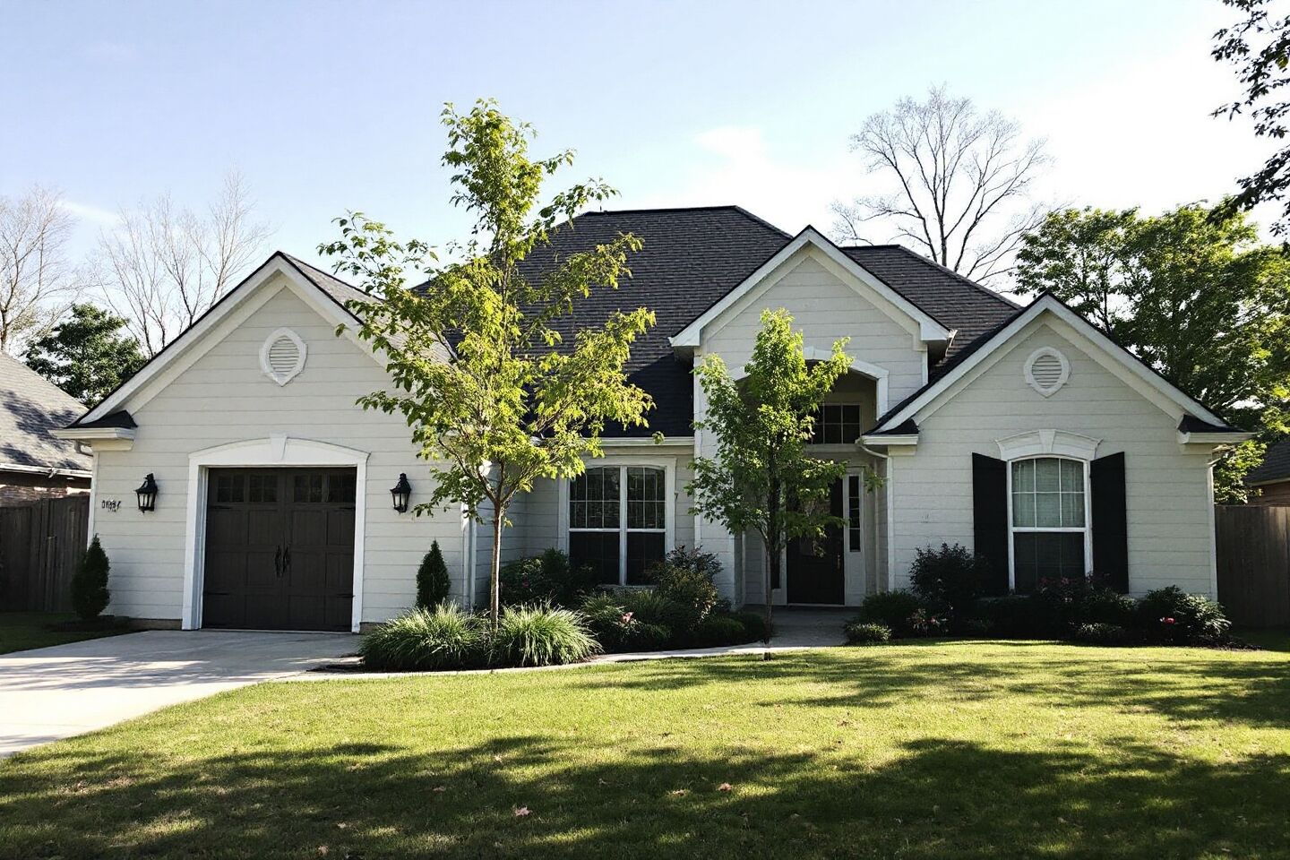 Dark shingle roof above a white brick home with mature trees