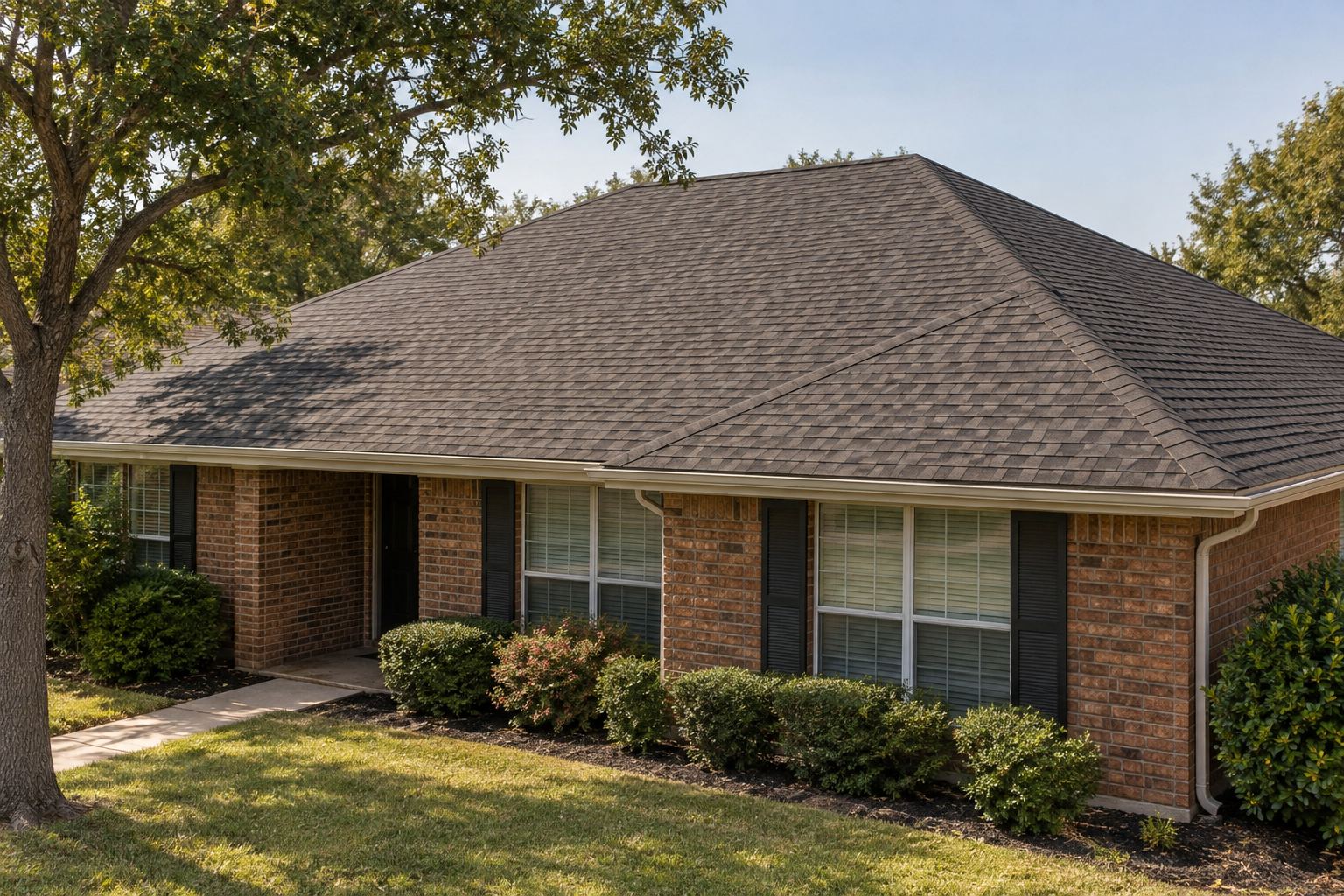 Architectural shingle roof above a red brick home with oak shade
